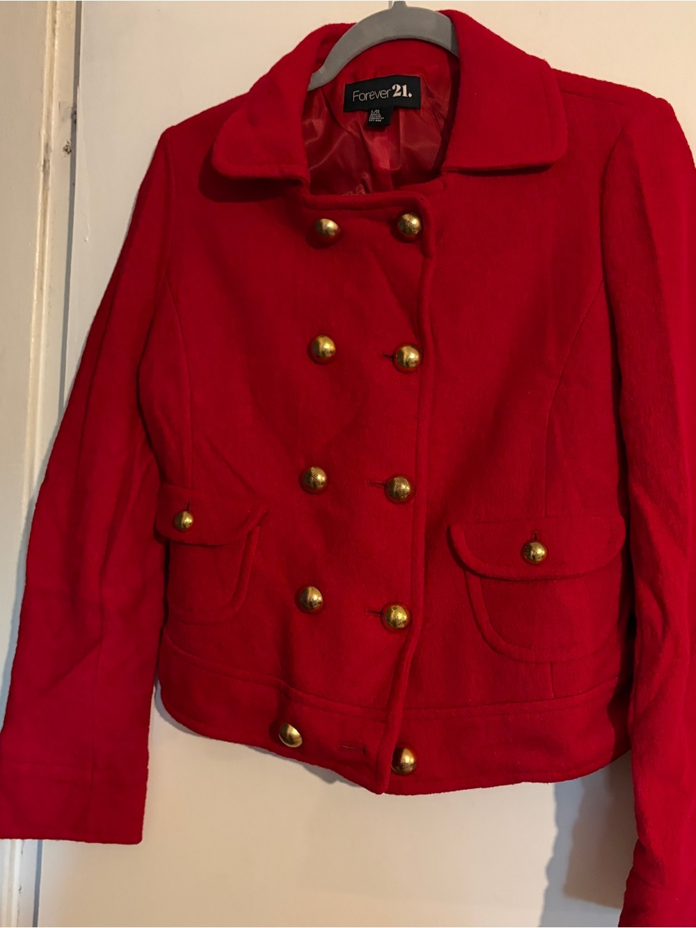 Forever 21 Red Double-Breasted Pea Coat with Gold Buttons